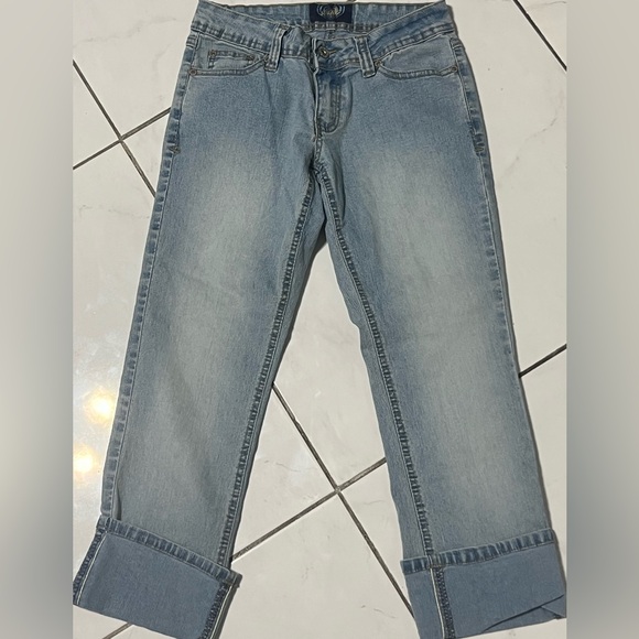 Angels Jeans Stretch Hipster cropped capri cuff light Denim gold crystal design - Picture 3 of 5